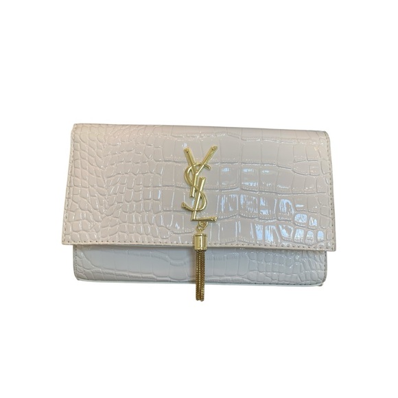 Yves Saint Laurent Gold and White Crocodile Clutch with Chain - Picture 6 of 6